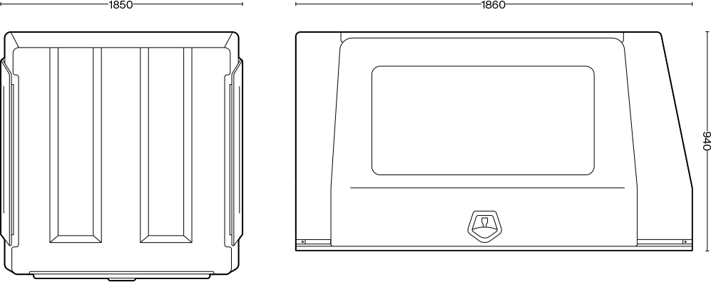 Black and white line drawing showing two views of a rectangular product with dimensions labeled 1850, 1860, and 610.
