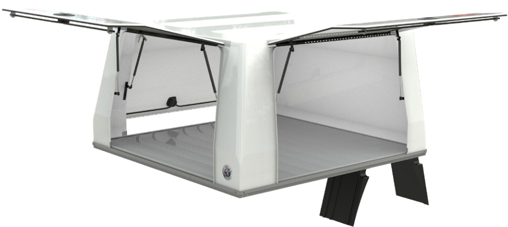 A white and silver utility canopy or storage tent with its side panels open, showing a gray floor and black support legs, isolated on a white background.